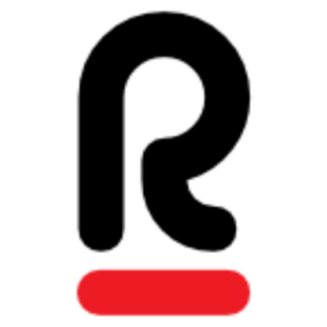 A black stylized letter "R," inspired by a Boston wedding band, features a thick red underline on a light gray background.